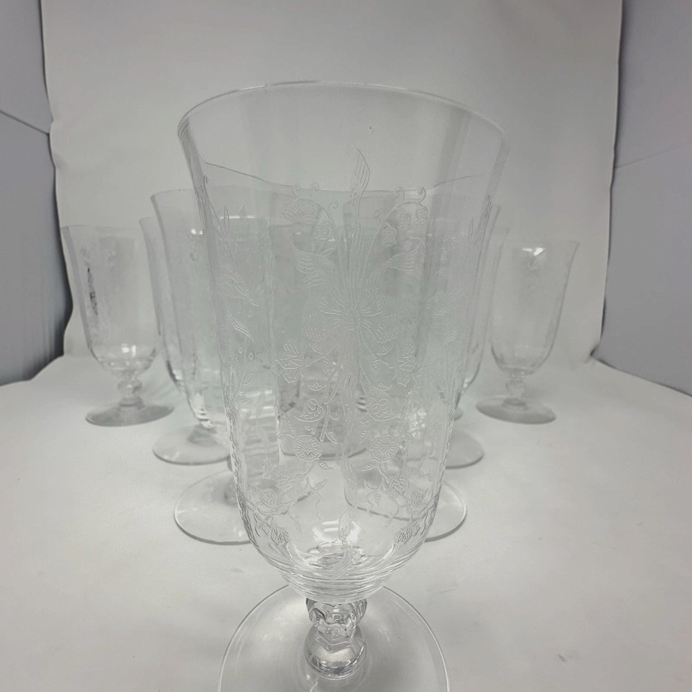 Heisey Etched Elegent Crystal Depression Glass Orchid 6 5/8" Footed Tumbler Stem